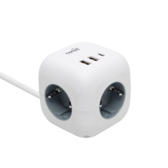   Kocka elosztó 1,5 m vezetékkel, kapcsoló, 3 aljzat, 2 USB-A, 1 USB-C