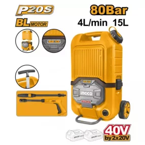   INGCO 40 V-os (2×20 V) akkus magasnyomású mosó géptest 80 bar 15 literes víztartállyal, szénkefementes