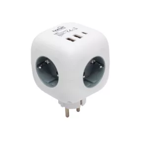 Kocka elosztó, kapcsoló, 3 aljzat, 2 USB-A, 1 USB-C SAL