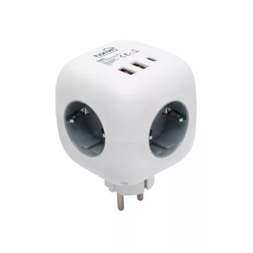Kocka elosztó, kapcsoló, 3 aljzat, 2 USB-A, 1 USB-C SAL