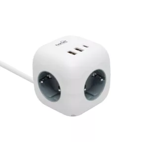   Kocka elosztó 1,5 m vezetékkel, kapcsoló, 3 aljzat, 2 USB-A, 1 USB-C SAL