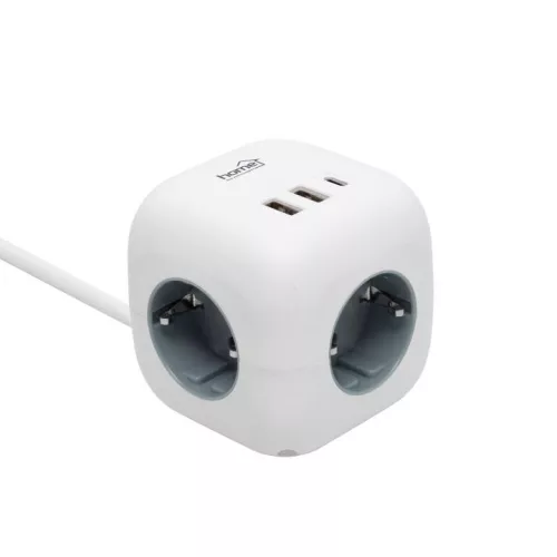 Kocka elosztó 1,5 m vezetékkel, kapcsoló, 3 aljzat, 2 USB-A, 1 USB-C SAL